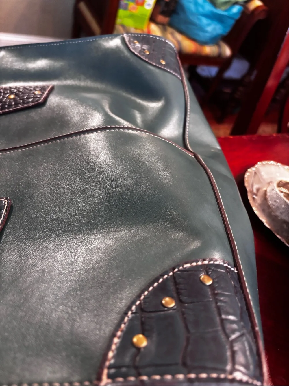 Structured Green Leather Tote Bag with Green Croc-Detail Handles NWOT